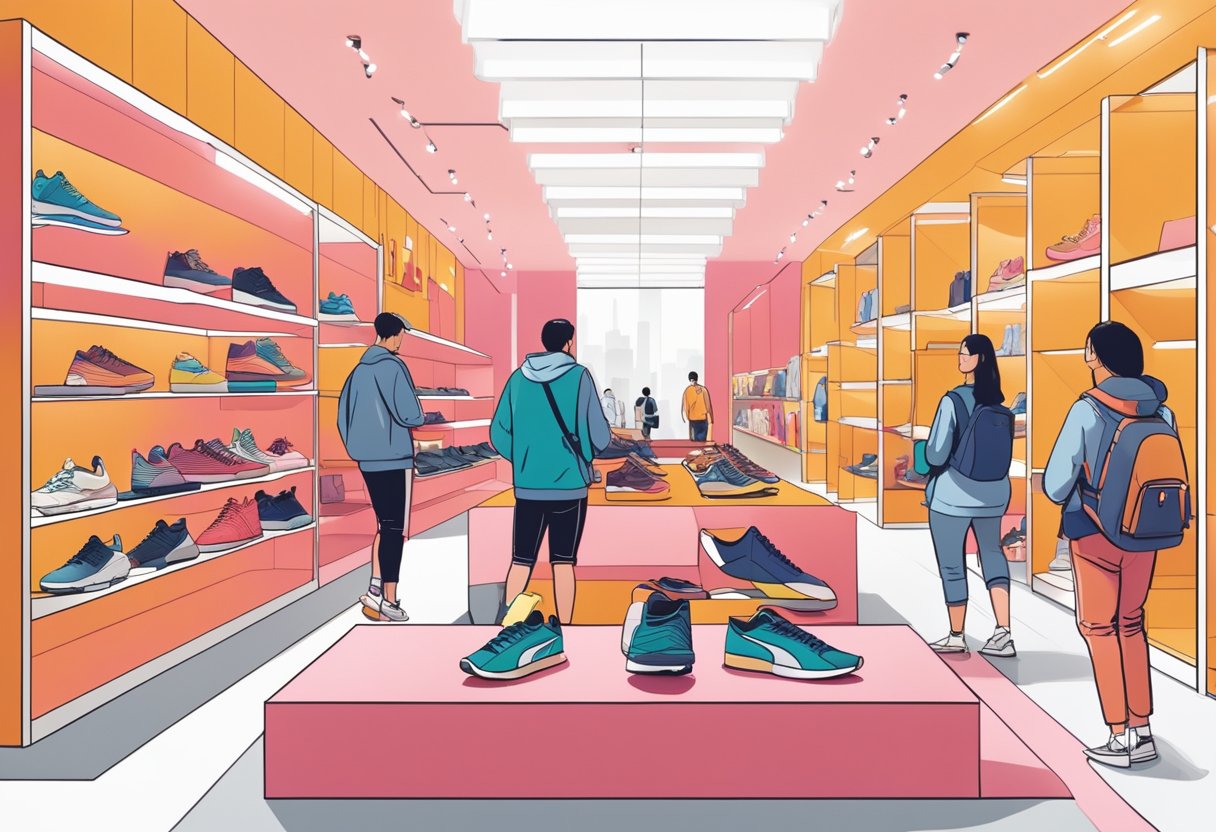 People exploring Puma Singapore store, browsing shelves, trying on shoes, and admiring displays