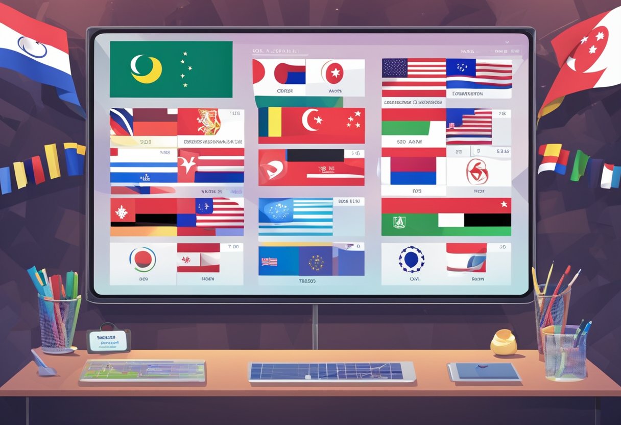 The Singapore Olympics schedule is displayed on a digital screen, surrounded by flags of different countries. The venue is filled with anticipation and excitement