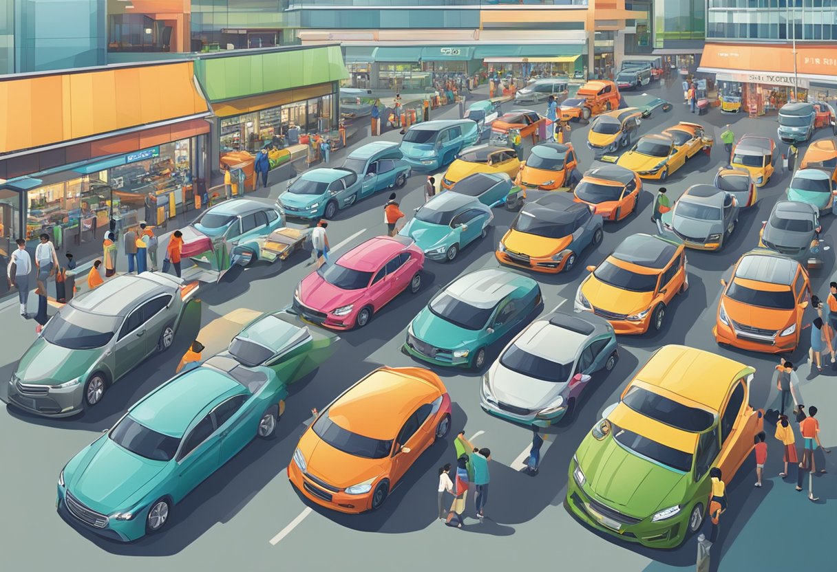 A bustling car mart in Singapore, with rows of gleaming vehicles, customers browsing, and salespeople engaging in conversations
