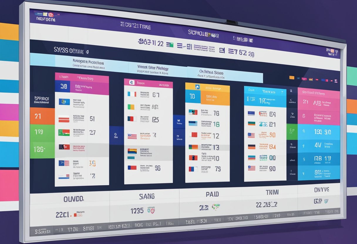 The competition schedule for the Singapore Olympics is displayed on a large digital screen, with various events and times listed for each day