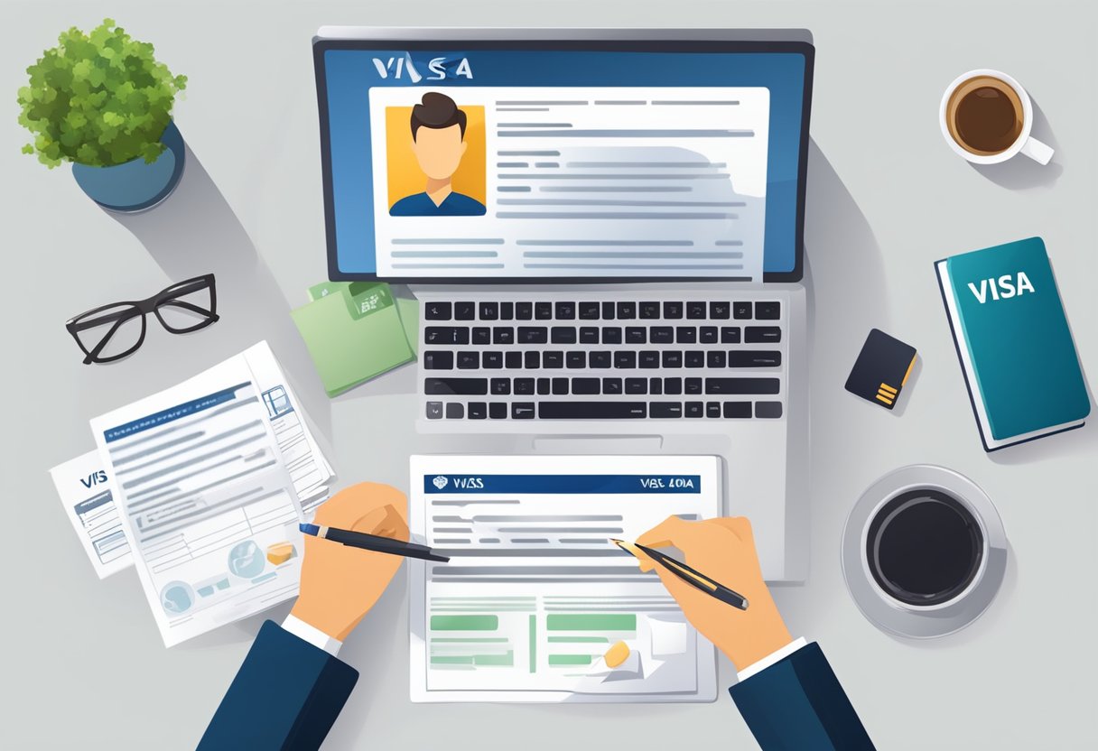 A person filling out a visa application form online, with a laptop and passport on a desk