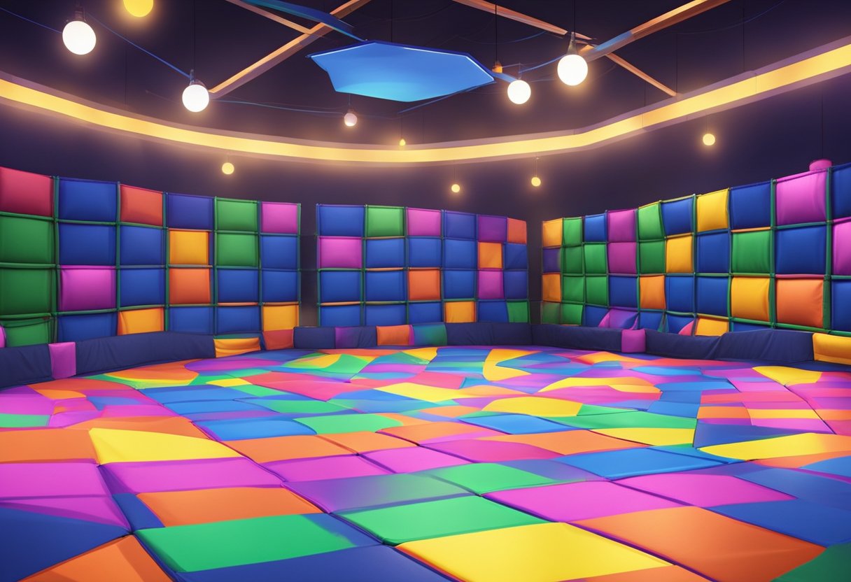Colorful trampolines fill a spacious indoor park, surrounded by padded walls and safety nets. Bright lights illuminate the energetic atmosphere, inviting visitors to bounce and play