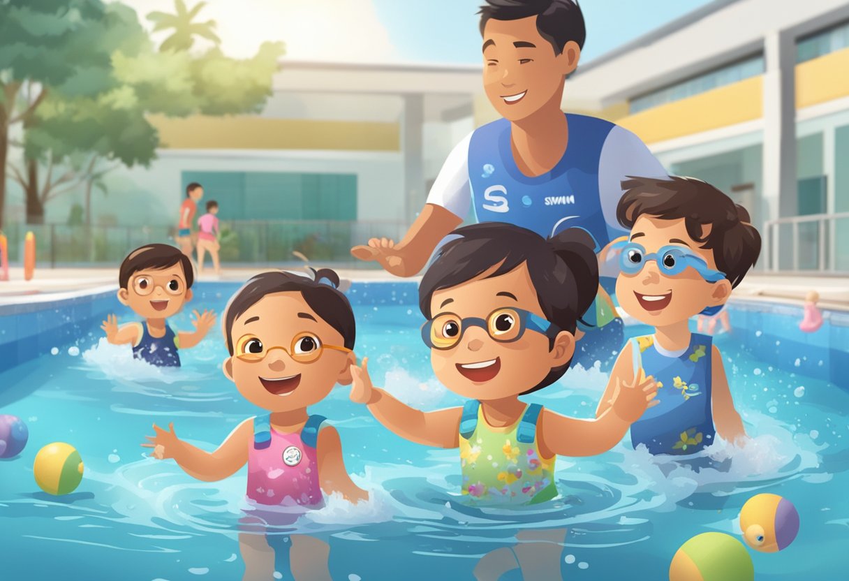 Children splashing in a pool with a swim instructor guiding them at a swimming lesson in Singapore