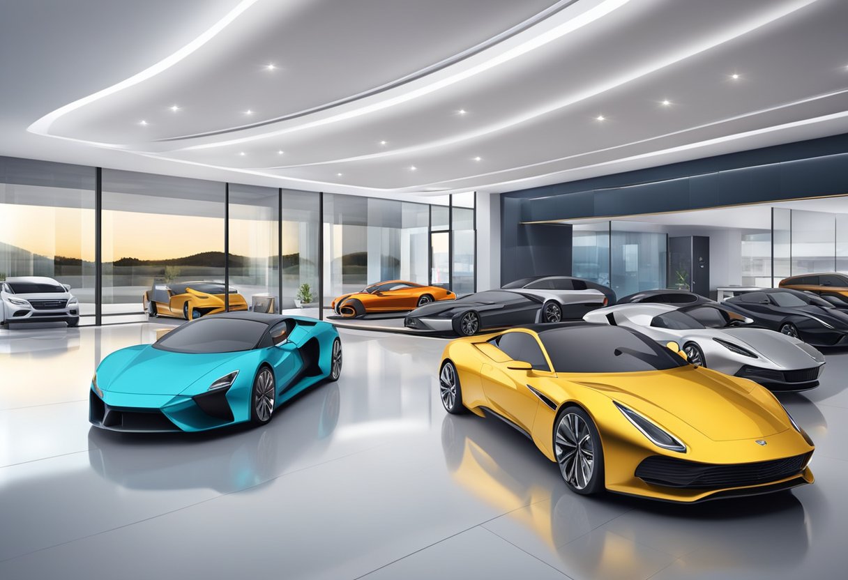 A sleek car showroom with modern decor and a row of luxury vehicles on display