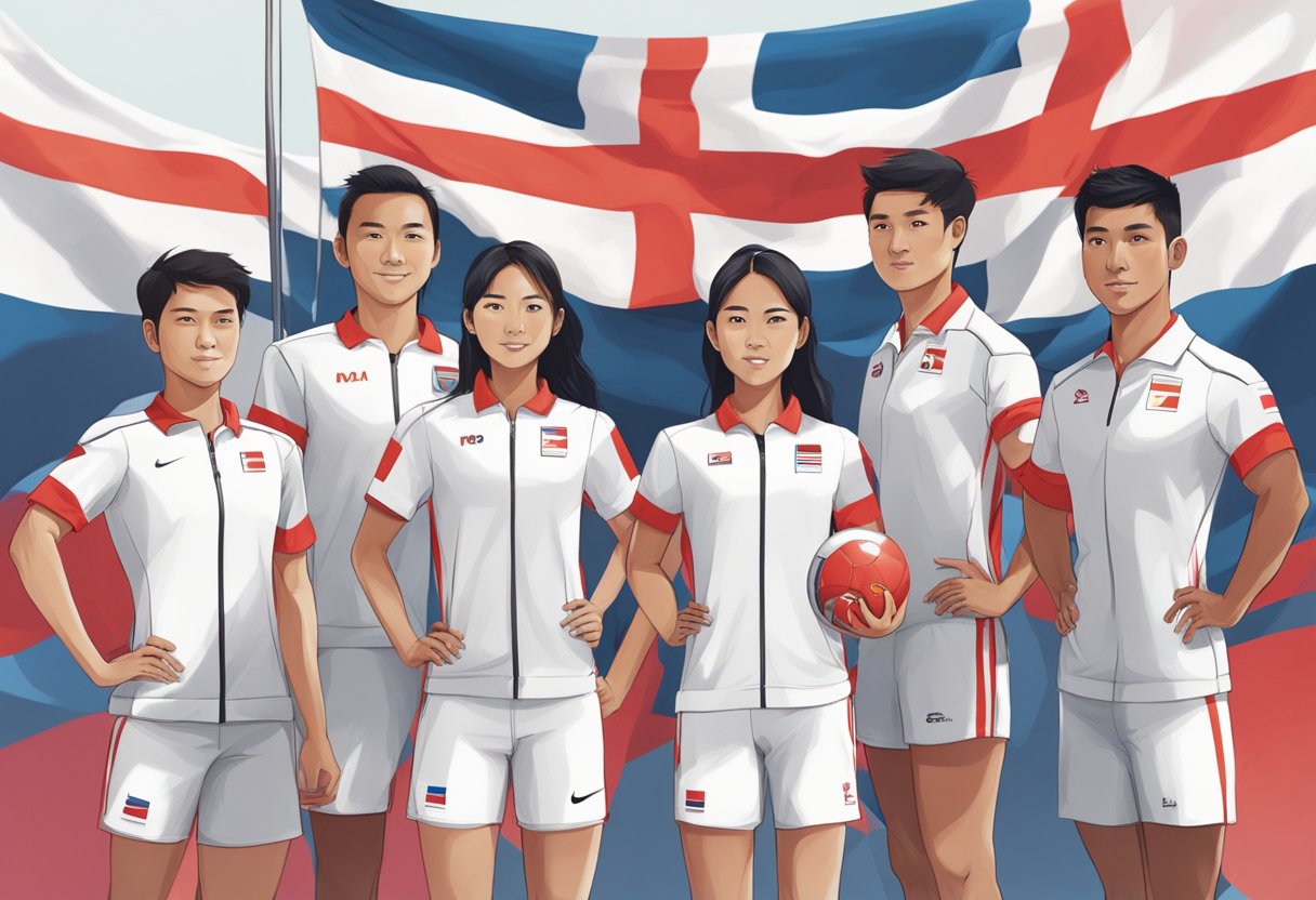 A group of Team Singapore athletes stand proudly in their uniforms, ready to compete in the upcoming Olympics. The Singapore flag flies high in the background, symbolizing their national pride and determination