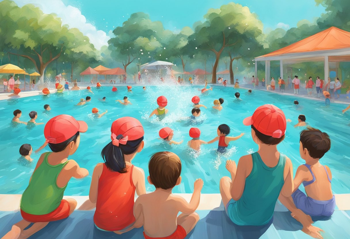 Children splash in a bright, turquoise pool under the warm Singapore sun, guided by instructors in red swim caps