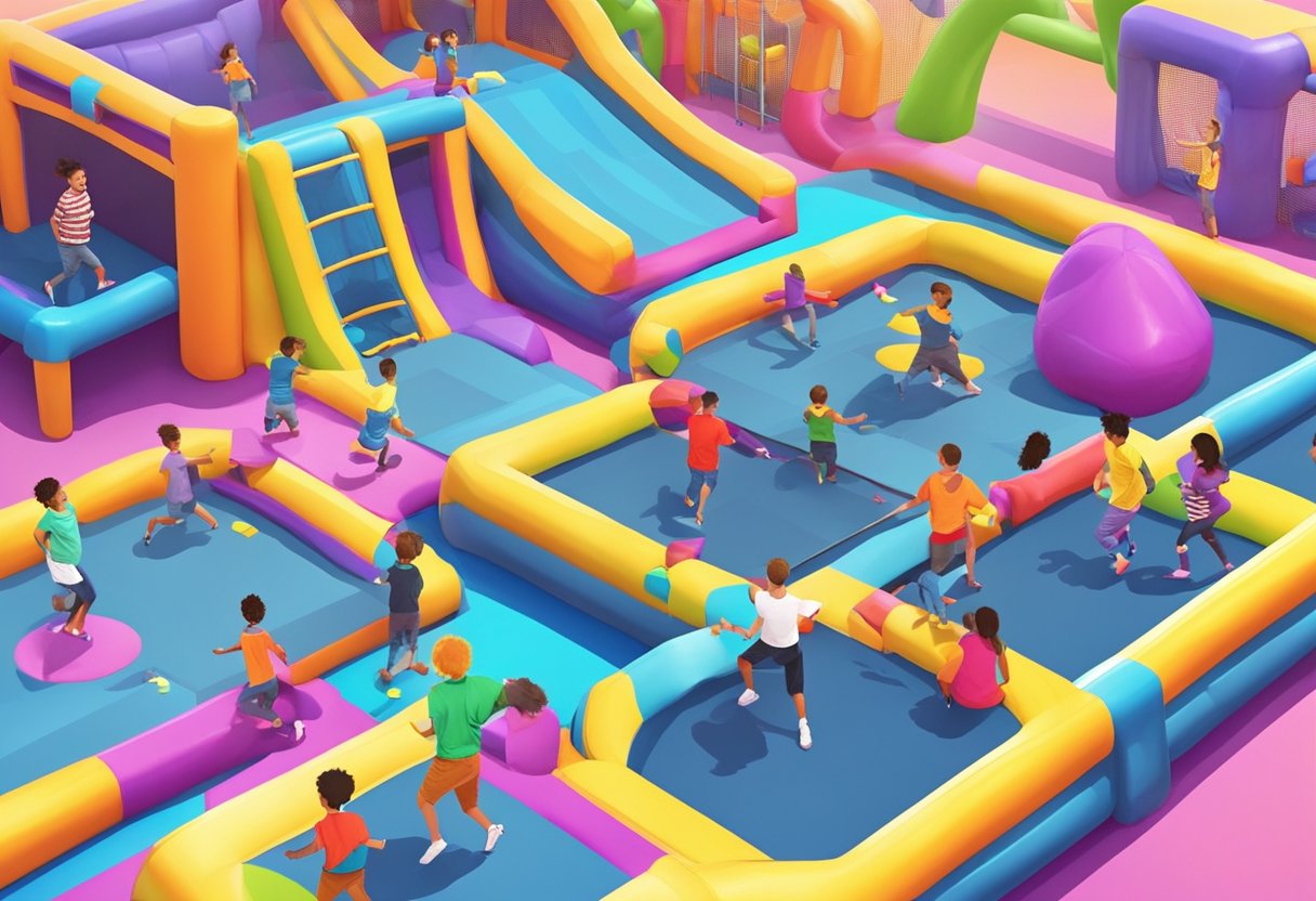 Children bouncing on colorful trampolines, surrounded by foam pits and obstacle courses, with vibrant signage and a lively atmosphere