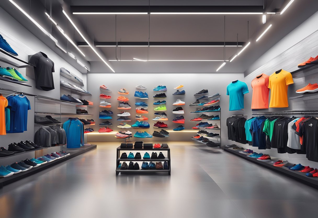 A display of Under Armour products in a brightly lit store, featuring a variety of athletic apparel, footwear, and accessories