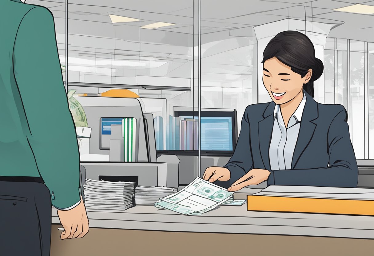 A bank teller receives a customer's deposit slip and counts out cash for a fixed deposit in Singapore