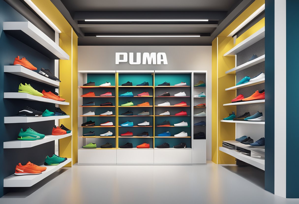 Puma's latest products displayed on sleek shelves with innovative designs and technology showcased in a modern, minimalist setting