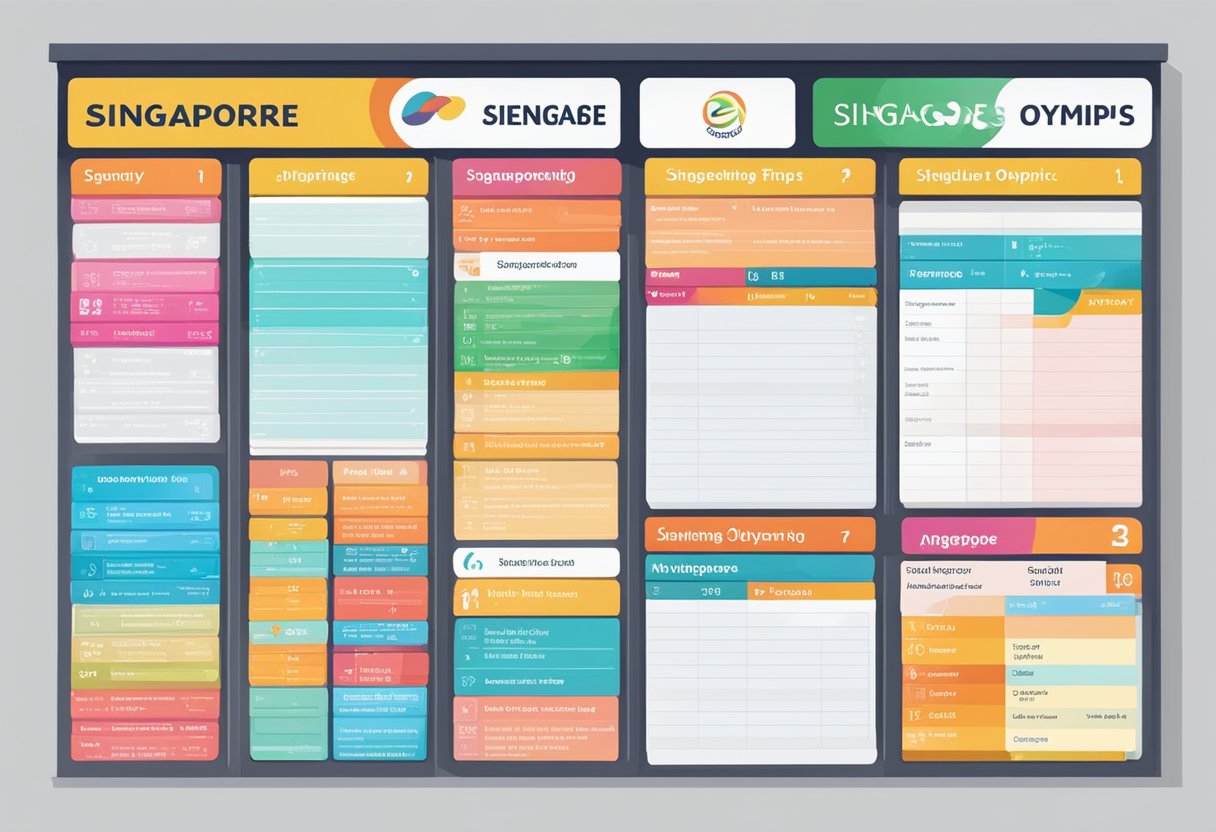 A colorful schedule board with "Singapore Olympics" header and frequently asked questions displayed in clear, legible font
