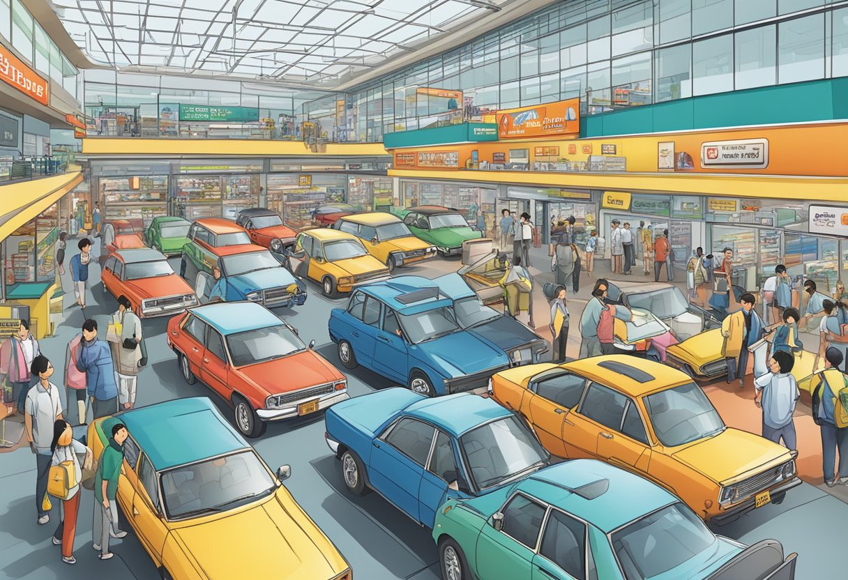 A bustling car mart in Singapore, with customers browsing vehicles and sales staff assisting. Signs with "Frequently Asked Questions" prominently displayed