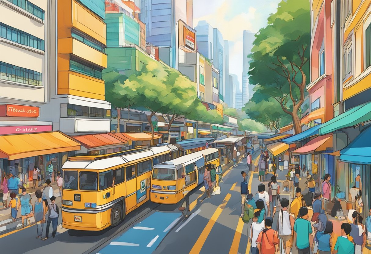 The bustling Avenue Singapore, lined with vibrant shops and bustling with activity, captures the essence of urban life. Tall buildings and colorful signage create a lively and dynamic atmosphere