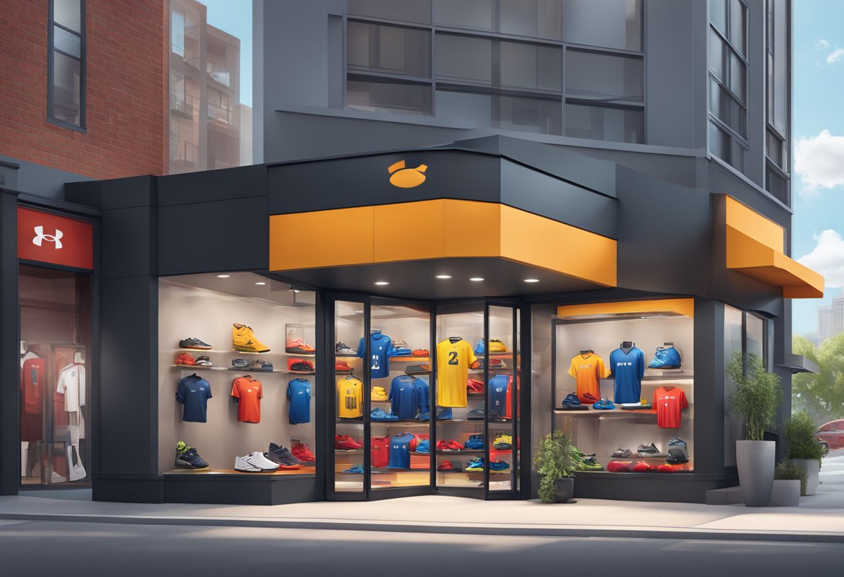 A modern storefront with bold Under Armour signage, showcasing the latest sports apparel and equipment