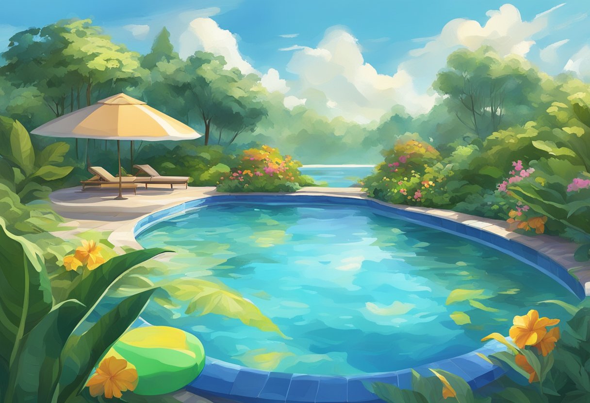 A serene pool with clear blue water, surrounded by lush greenery and colorful floats, with a backdrop of a bright, sunny sky