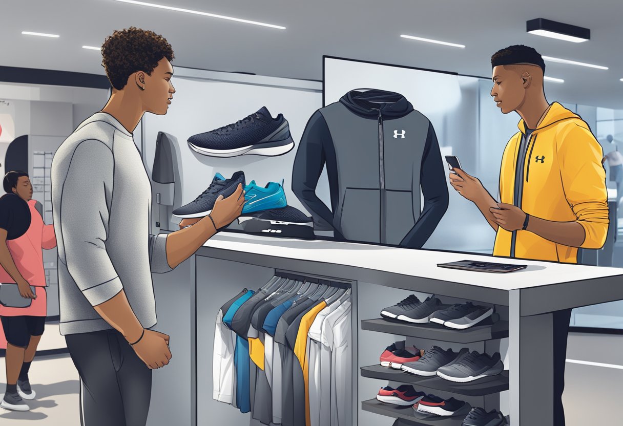 Customers browse through a display of Under Armour products while reading a "Frequently Asked Questions" section on a digital screen