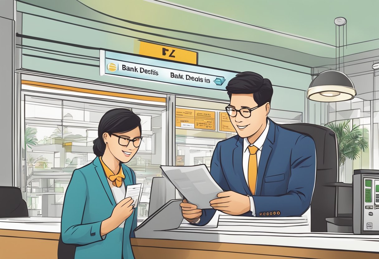 A bank teller explains fixed deposit terms to a customer, with a sign displaying "Fixed Deposits in Singapore" in the background