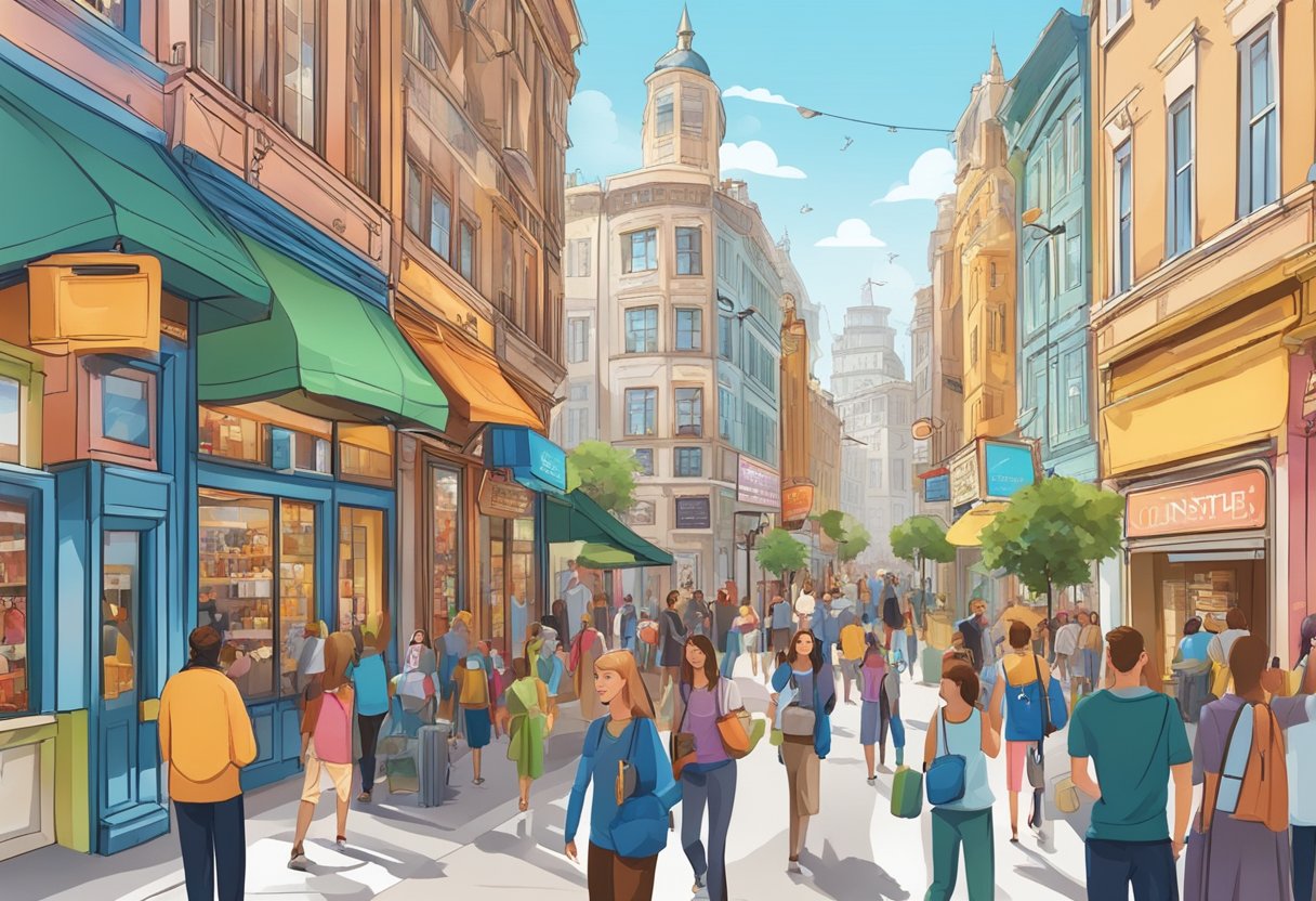 A bustling street with colorful shopfronts, bustling with people and lined with vibrant signs and bustling with people