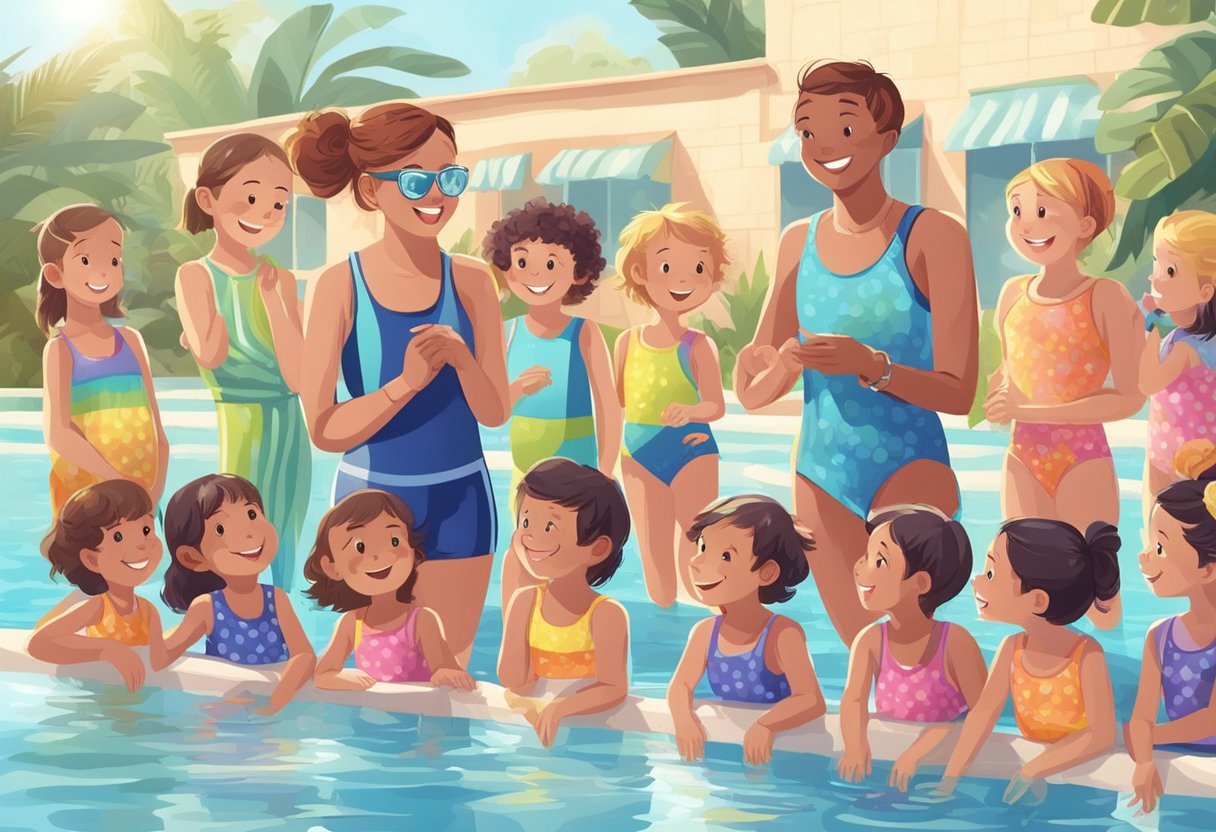 Children in colorful swimsuits gather around a cheerful instructor at the edge of a sparkling swimming pool, eagerly asking questions about their upcoming lessons