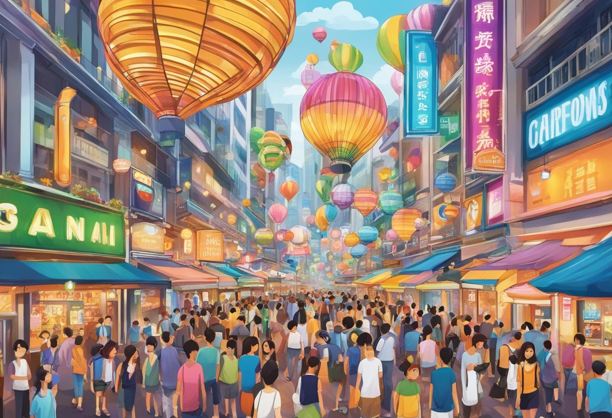 Bright lights and bustling crowds fill the streets of Entertainment and Leisure Avenue, Singapore. The vibrant energy of the city comes alive with colorful signs and lively activities