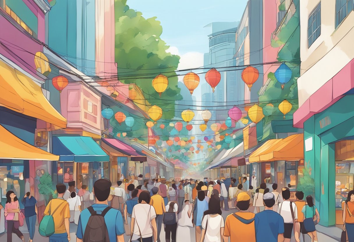 A bustling avenue in Singapore, with colorful signs and a crowd of people. The street is lined with shops and restaurants, and there is a sense of vibrant energy in the air