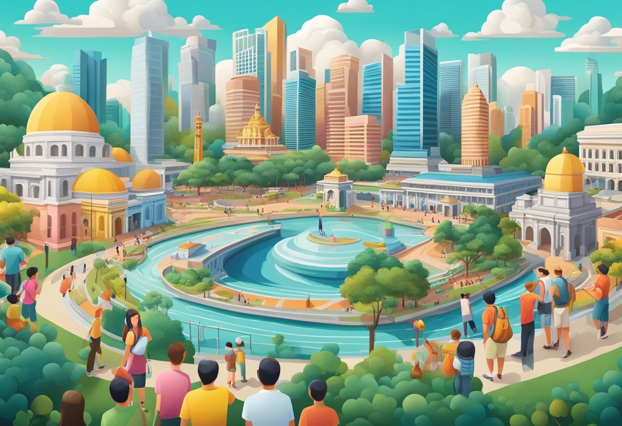 A colorful, 3D mural of iconic Singapore landmarks, with optical illusions and interactive elements, surrounded by amazed onlookers