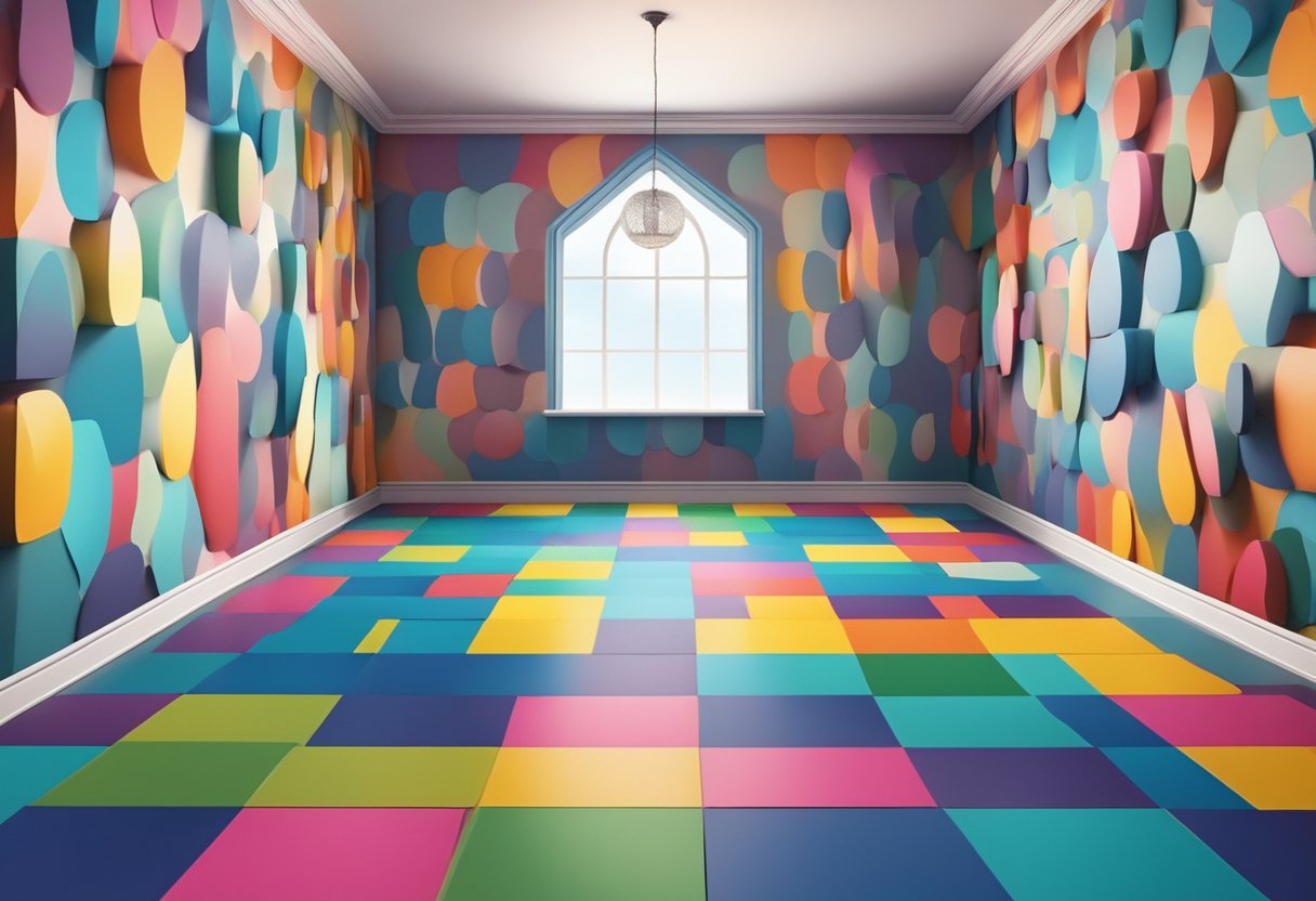 A colorful, surreal room with 3D paintings covering the walls and floor, creating an illusion of depth and interaction for visitors to explore