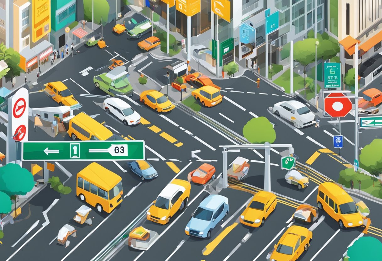 Vibrant Singapore road signs line the bustling streets, featuring bold colors and clear symbols for pedestrians and drivers