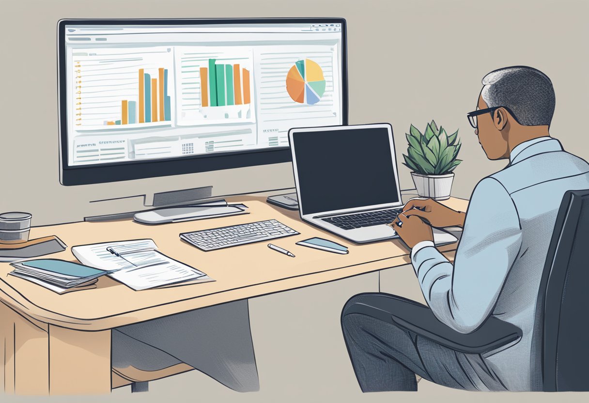 A person sitting at a desk, reviewing various fixed deposit options on a computer screen, while holding a pen and notepad to take notes