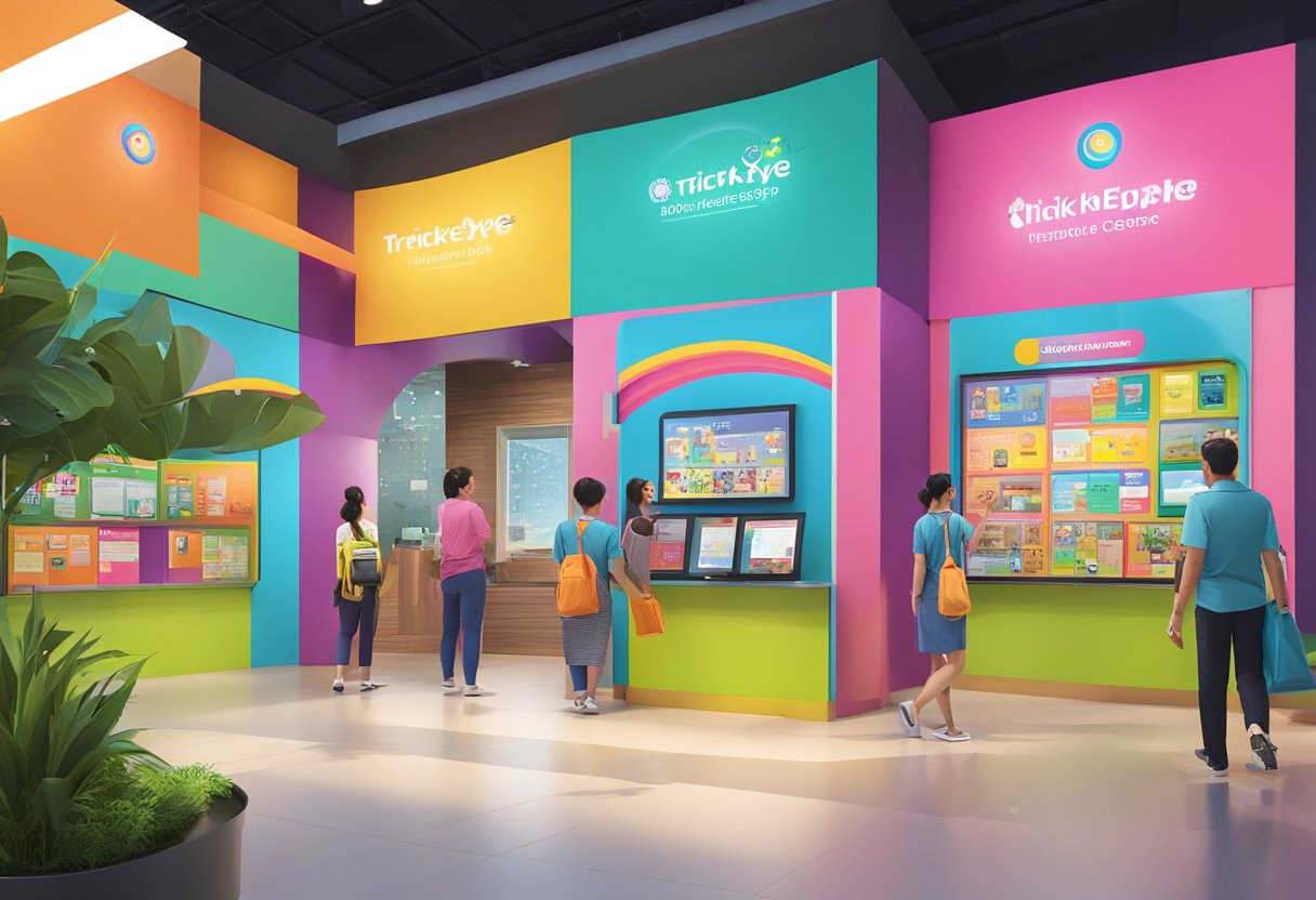 A vibrant and interactive Visitor Information center at Trick Eye Singapore, featuring colorful signage, engaging displays, and helpful staff