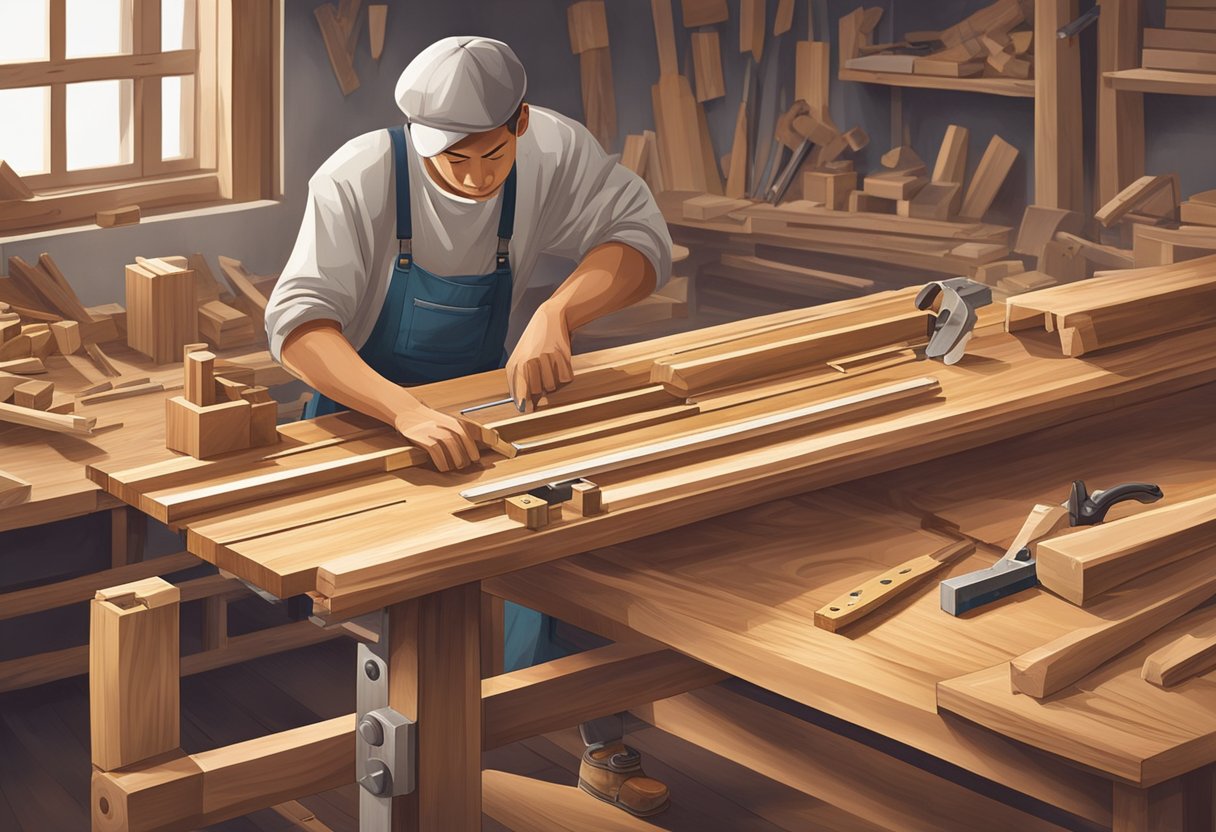 A carpenter in Singapore crafting a wooden table with precision and skill. Saws, chisels, and measuring tools lay scattered on the workbench