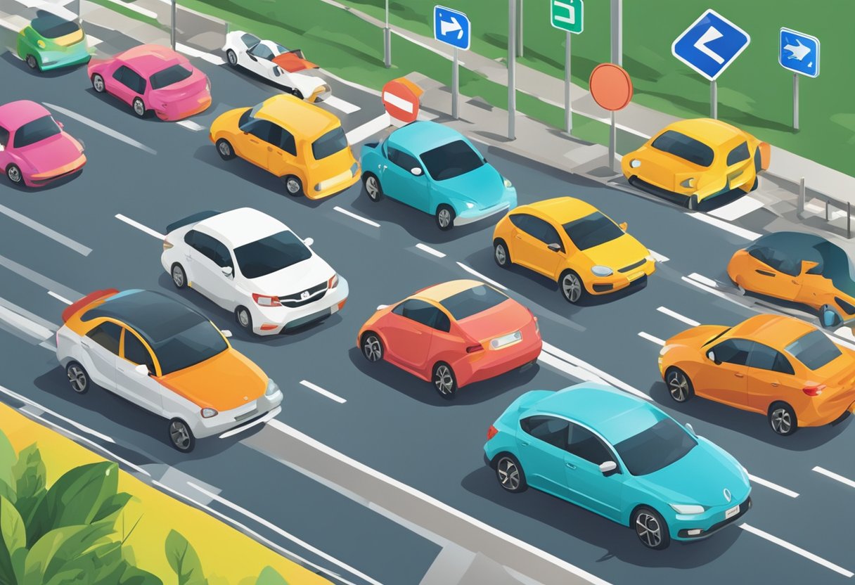 Cars passing by various road signs in Singapore, including directional, warning, and regulatory signs. Bright colors and clear symbols