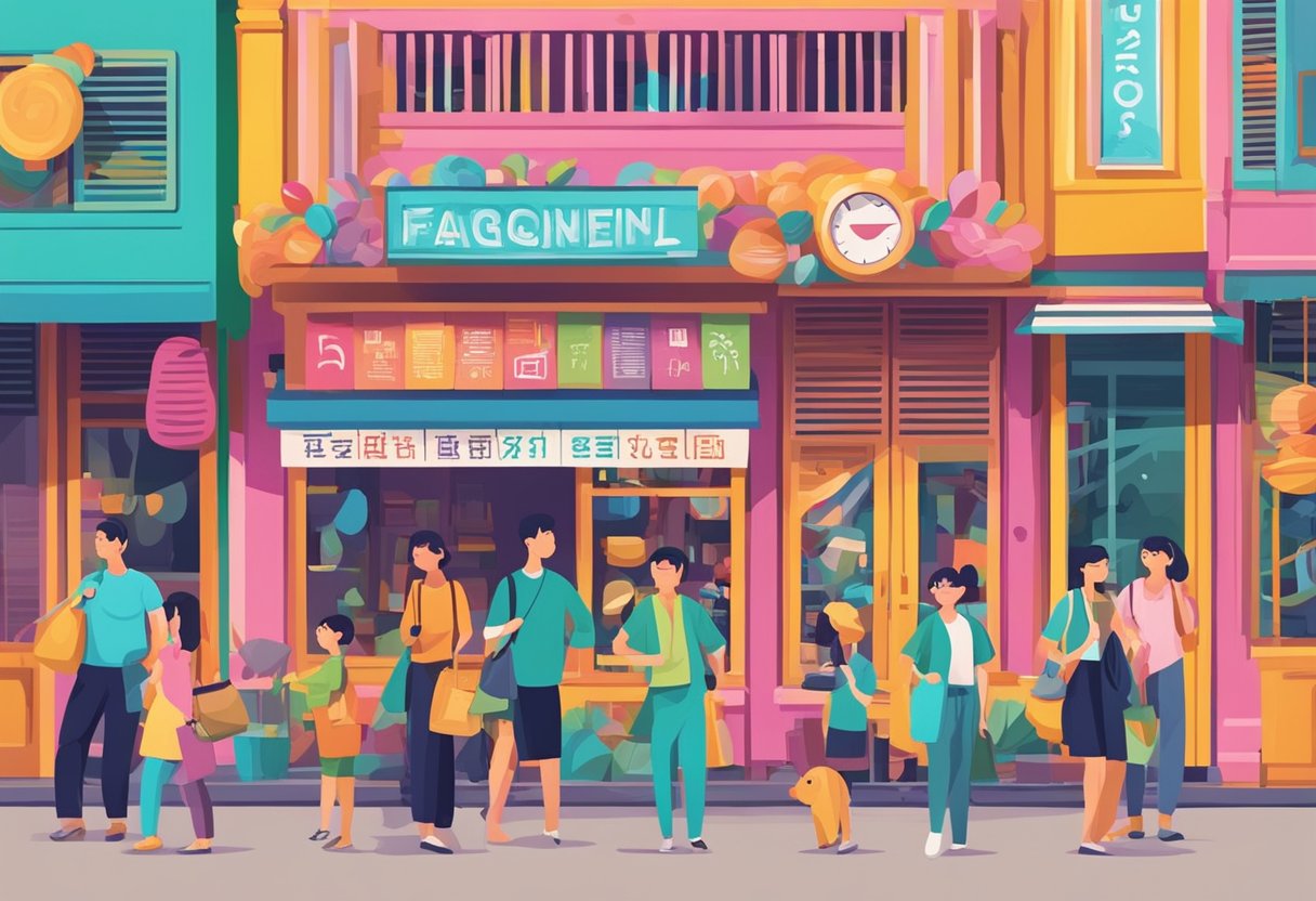 A colorful signboard with "Frequently Asked Questions" and a playful eye design, surrounded by curious onlookers in a vibrant Singapore setting
