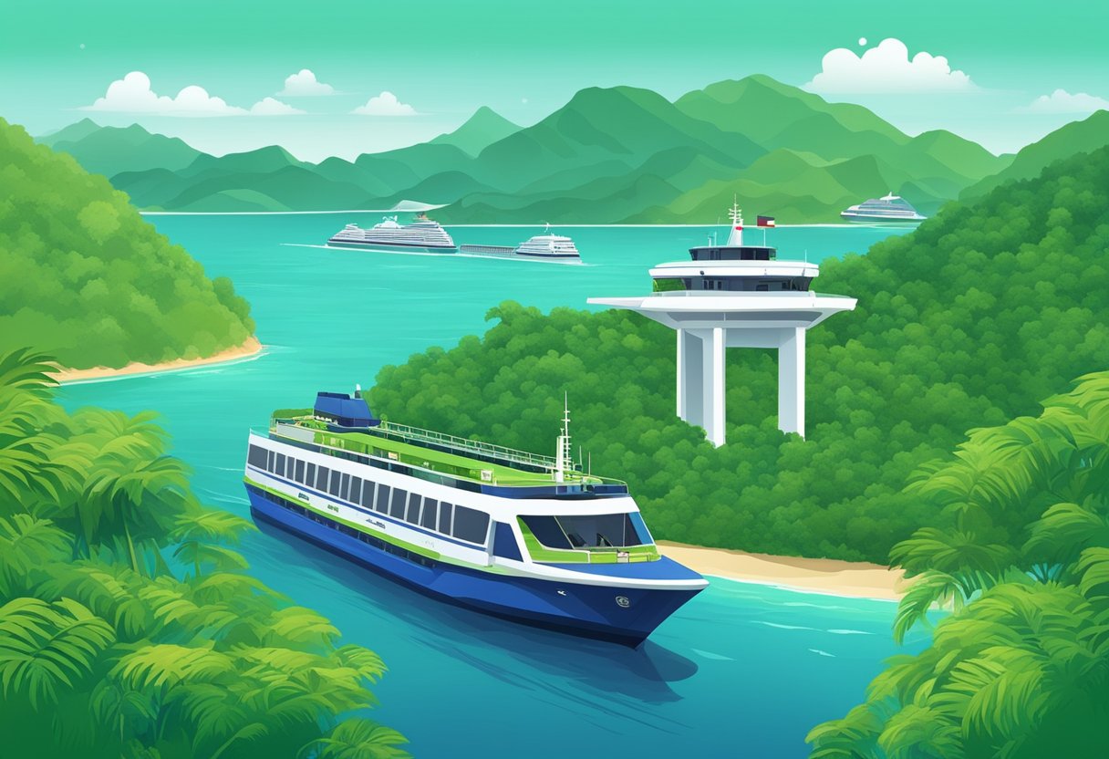 A ferry sails from Singapore to Koh Samui, passing by lush green islands and sparkling blue waters