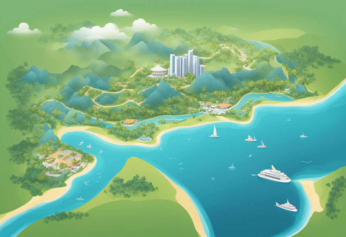 A map of Singapore and Koh Samui with a dotted line connecting the two destinations, surrounded by tropical palm trees and a clear blue ocean