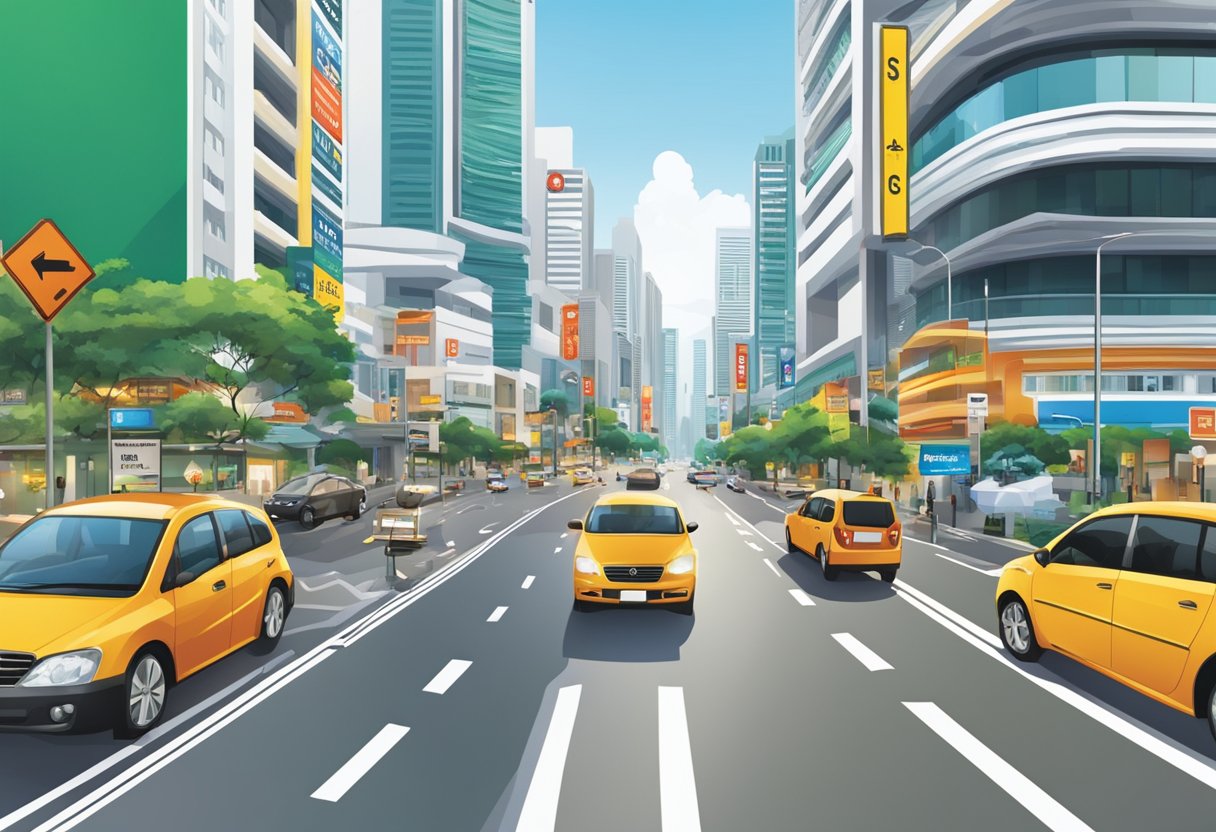 Vibrant Singapore road signs line the bustling streets, providing essential information and guidance to motorists and pedestrians alike