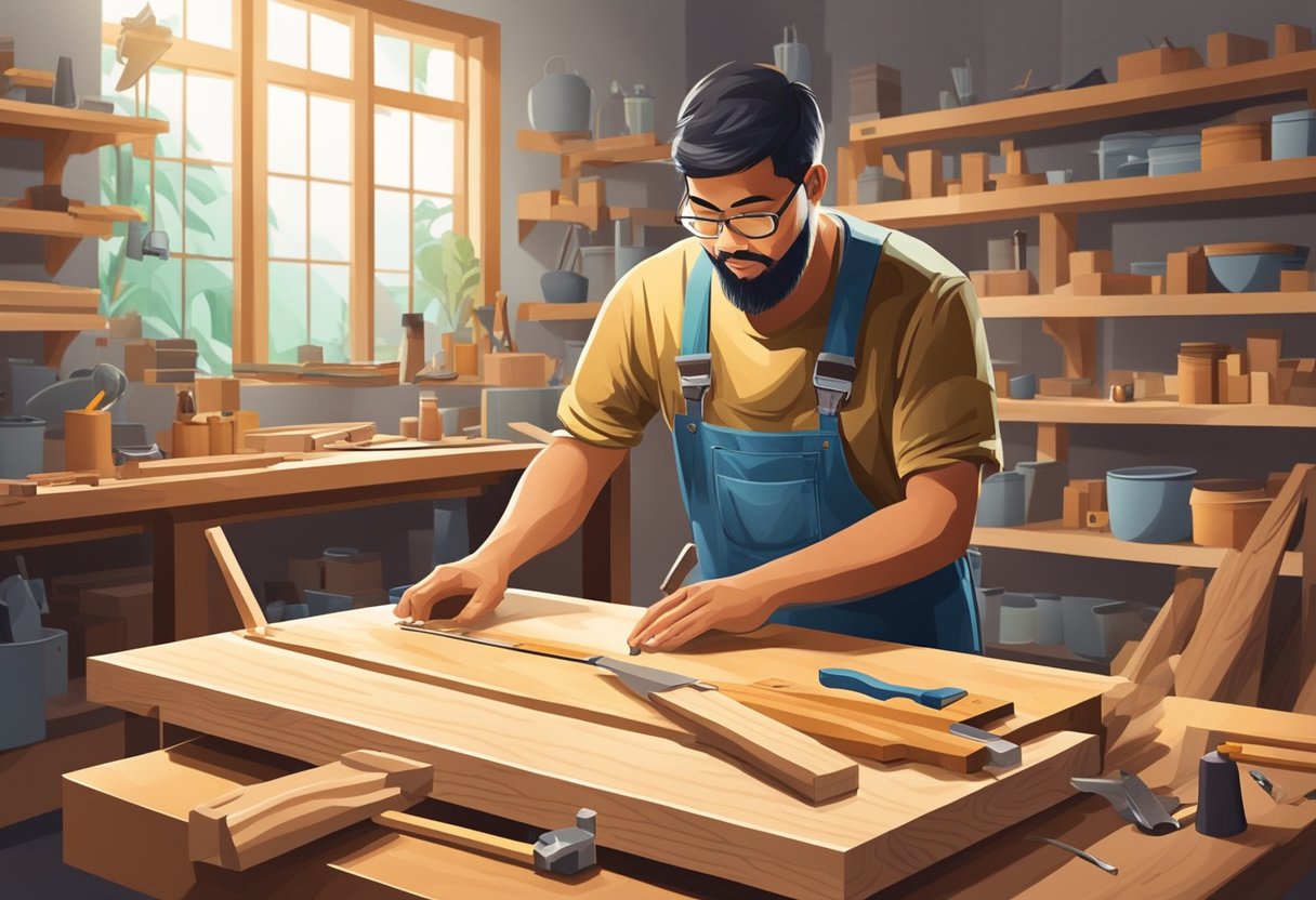 A carpenter in Singapore measures and cuts wood for a custom furniture piece, surrounded by various tools and materials in a well-lit workshop