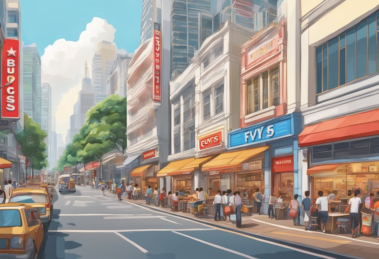 A bustling street lined with colorful shopfronts and bustling with energy, as the iconic Five Guys Singapore restaurant stands prominently in the center