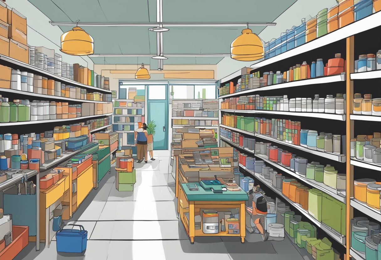 A bustling DIY shop in Singapore, shelves lined with tools and materials. Customers browse aisles filled with paint, hardware, and home improvement supplies