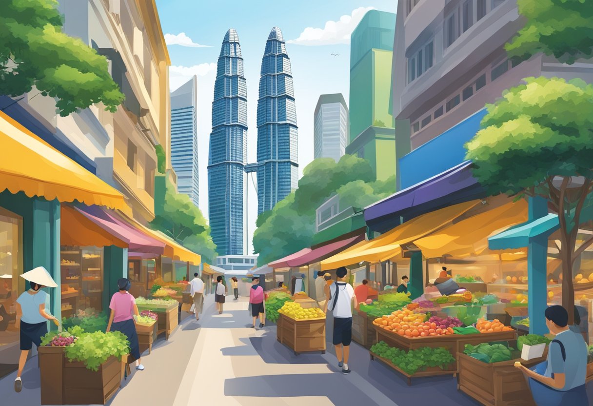 The bustling streets of Singapore, with towering skyscrapers, colorful markets, and lush greenery, create a vibrant and dynamic cityscape