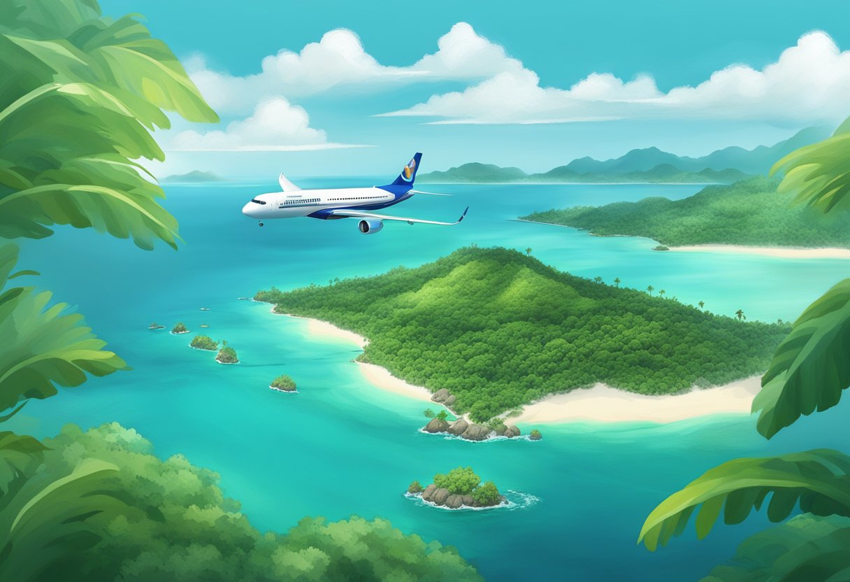 A plane flying over the crystal-clear waters between Singapore and Koh Samui, with lush green islands dotting the horizon
