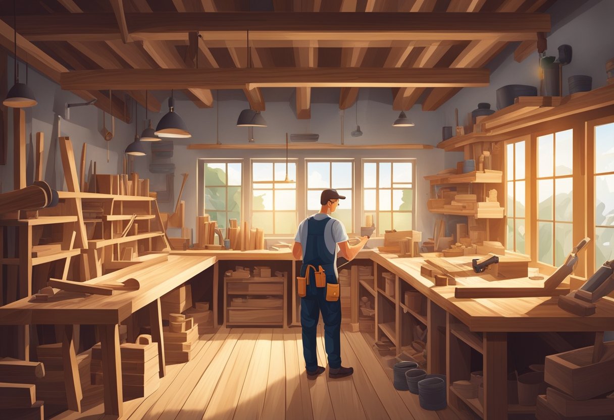 A carpenter skillfully crafting wood in a well-lit workshop with various tools and materials neatly organized around the workspace