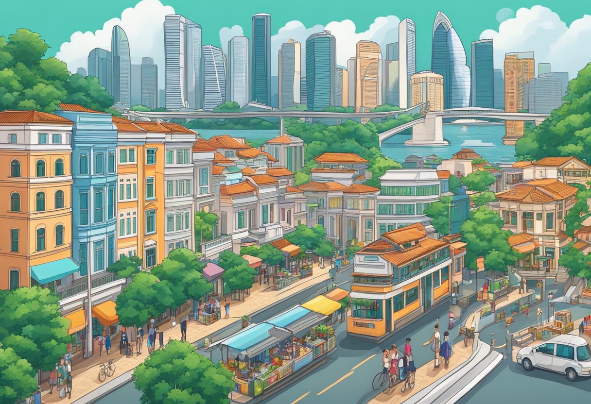The bustling streets of Singapore, lined with colorful shophouses and modern skyscrapers. A backdrop of lush greenery and iconic landmarks like the Marina Bay Sands and the Merlion statue