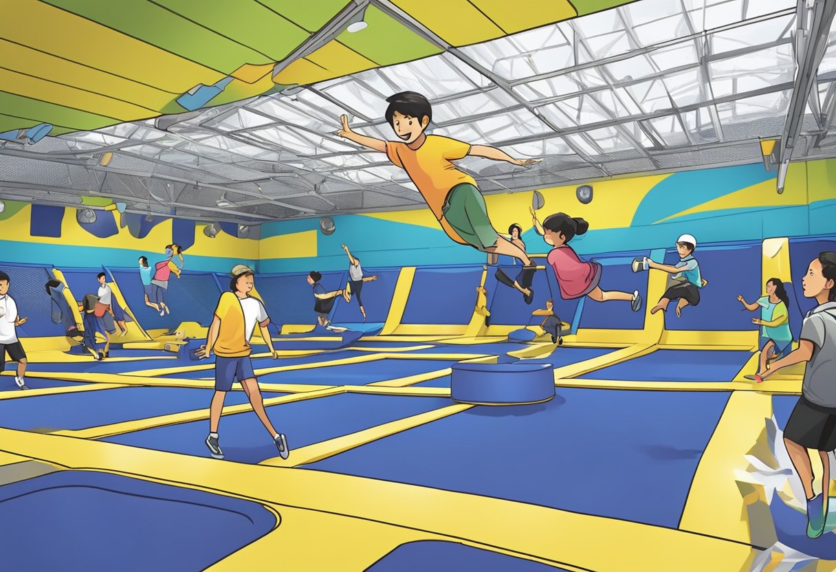 People jumping on trampolines, staff assisting, signage with "Frequently Asked Questions" at a trampoline park in Singapore