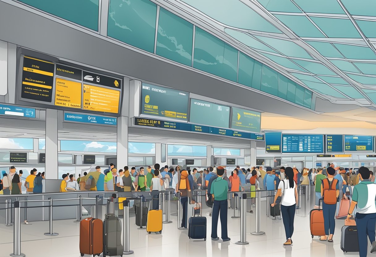 A busy airport terminal with travelers lining up at the ticket counters and bustling through security checkpoints. Signs and digital displays indicate flights from Singapore to Koh Samui