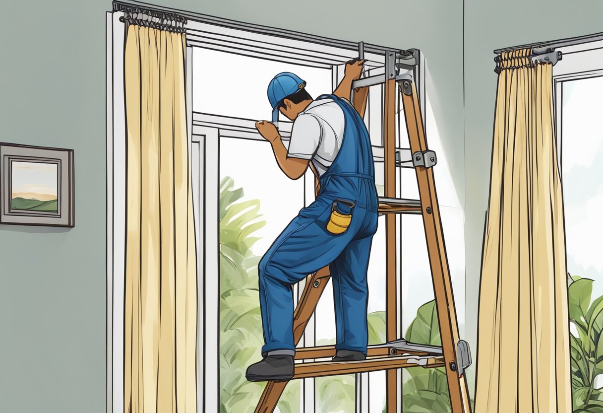 A worker installs curtains in a Singaporean home, using a ladder and tools for maintenance