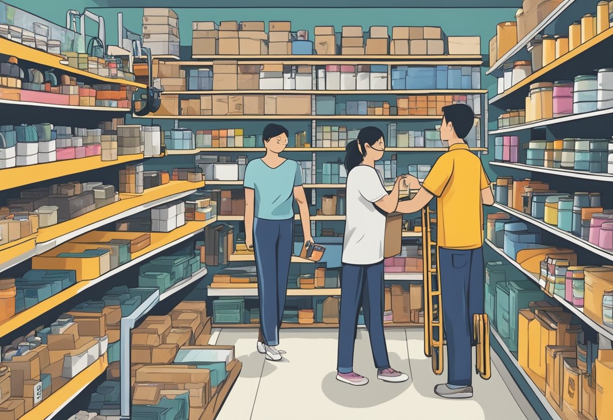 Customers browsing tools and materials in a well-stocked DIY shop in Singapore, with shelves neatly organized and a helpful staff member assisting a customer