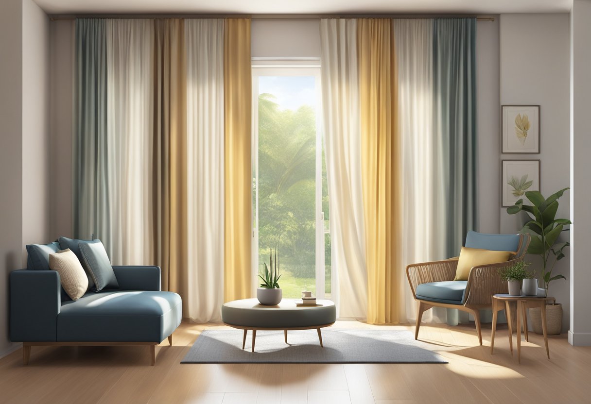 A pair of elegant curtains in a modern Singaporean home, with sunlight filtering through and casting a warm glow on the fabric
