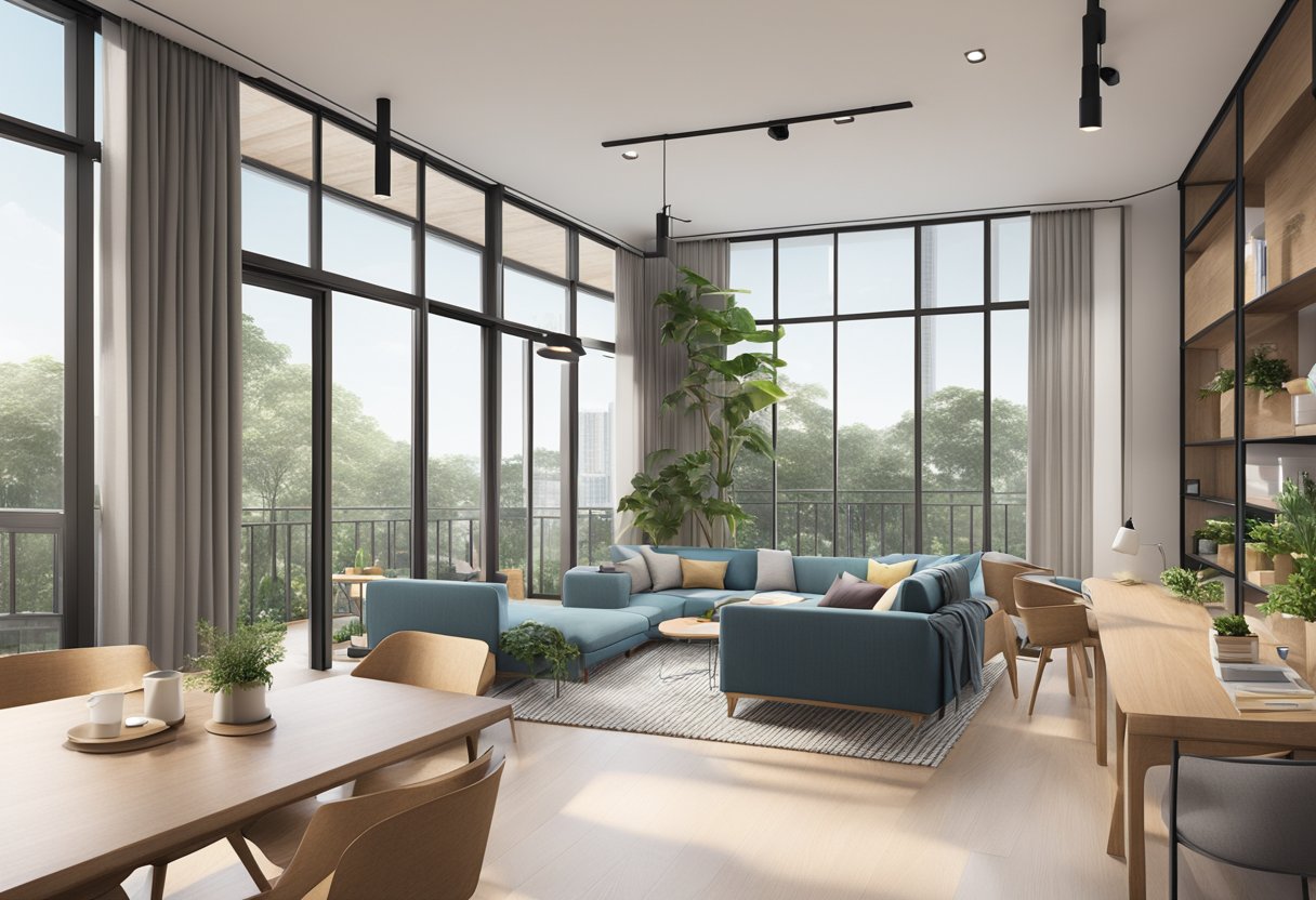 A modern, spacious co-living space in Singapore, with sleek furniture, large windows, and a vibrant communal area