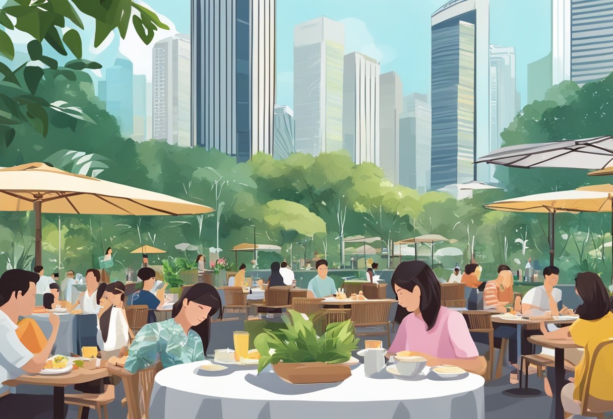 People enjoying outdoor dining, shopping, and sightseeing in Singapore. Skyscrapers and lush greenery in the background